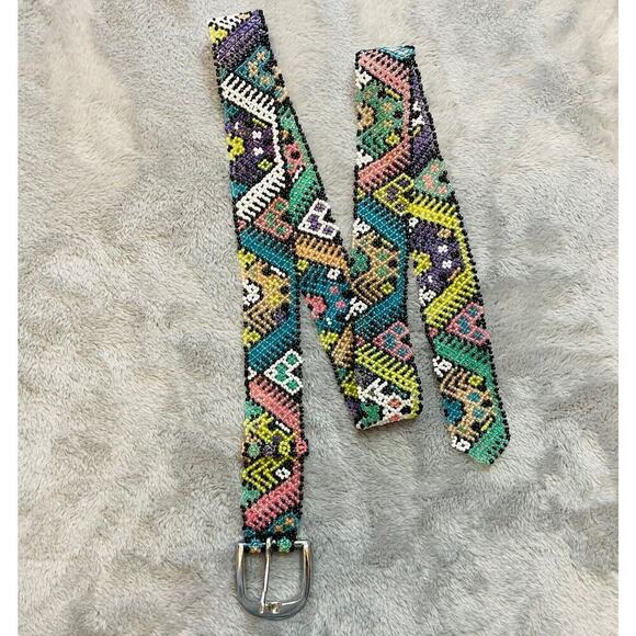 Vintage Hand Beaded Belt Size M Colorful Geo Aztec Southwestern Native American